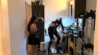 Bound beauty captivates with daring kitchen passion in thrilling intimate play