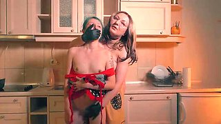 Big Stepmom in Gloves Inspects Skinny Stepdaughter in Kitchen Humiliation