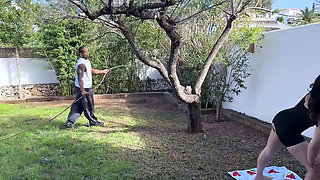 Lustful Gardener Ambush: Latina Yoga Session Turns to Tape Gagged Wand Fuck and Blindfolded Cum on Tits HD