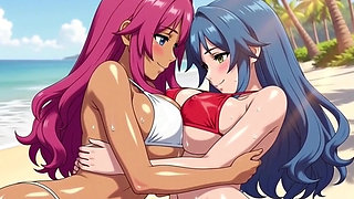 Two busty girls enjoy lesbian sex at private beach vacation