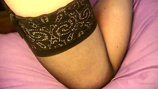 Lactating Housewife Squirts Milk Onto His Cock While Jerking It