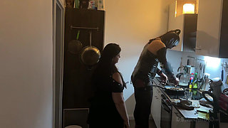 Dominant MILF Stretches Latex Sub's Ass Wide in Kitchen