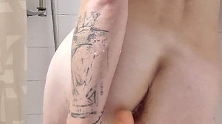 Real amateur homemade bathroom shower solo shemale anal play with my massive 9 inch dildo