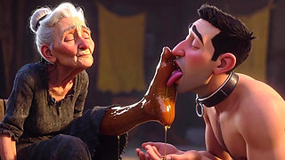 Submissive Slave Licking Wrinkled Feet of Old Ladies