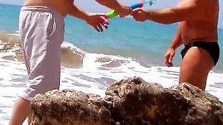 Two guys fuck on the beach horny Milf Leane Fontaine in the ass