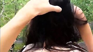 Moaning Brunette Swallows Cum Outside