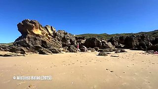 Blonde MistressBaton Whipping Slave in Swimsuit on Sunny South Africa Beach - BDSM Femdom Punishment