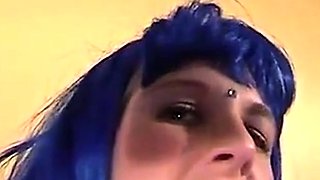 Blue-Haired Crossdresser Sucks Amateur Cock
