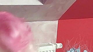 Busty Pink Haired MILF Strips and Teases in Leather Pants