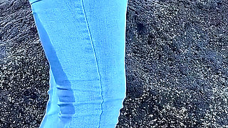 Peeing in Tight Jeans on the Beach
