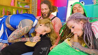 Wild tattooed females double anal – 2 schlongs vs 2 fuck-holes facial cumshot complete