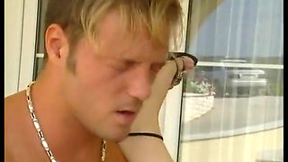 Busty redhead gets her shaved pussy fucked outdoors