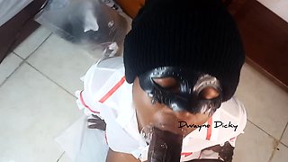 Masked ebony vixen in uniform sucks off big black cock