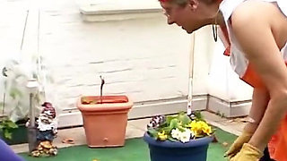 German craftsman fucks the customer on the roof terrace and cums her full