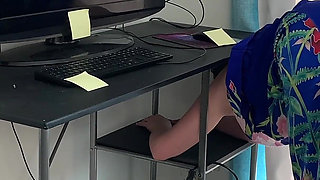 Stepmom gets stuck in a desk and stepson fucks her