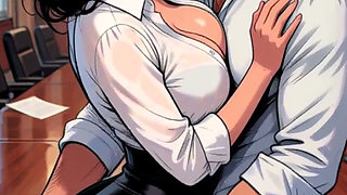 Lonely office slut frees locked-in coworker then gets her holes destroyed by three hard cocks on the conference table.