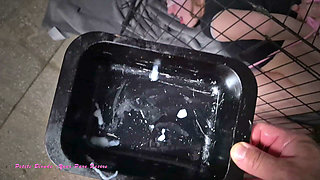 Little Slut Bonded Fucked in a Cage by a Machine Gets a Bowl of Cum to Lick