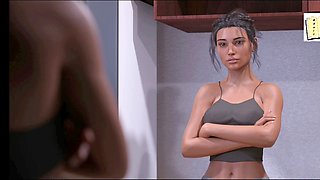 Risque visual novel game featuring a petite brunette with big tits