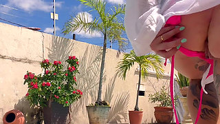 April Big Ass Tries Multiple Anal Plugs by the Pool
