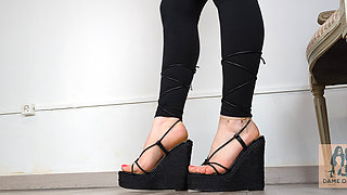 (663) Shoe Collection: Lace up Black Wedge Sandals - Dame Olga