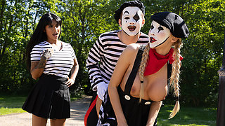 Innocent mimes fuck hard in a hot threesome