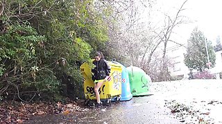 Gorgeous angel in a leather jacket Mini Mitzi X is pissing outdoors