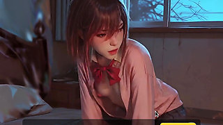 Nighttime Seduction - Red Bow Unfastened, Blue Skirt Lifted, Secret Nipples Exposed Under Soft Light