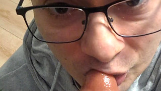 College boy sucks daddy's cock until he cums in his mouth (dildo)