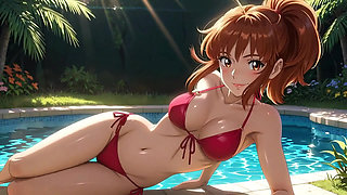 AI Girl Sensually on the Pool - Studio Ghibli Style