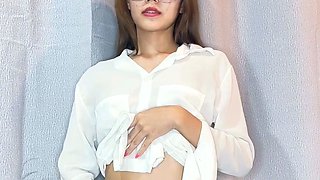 Cute Asian Babe with Glasses Fingers Herself in Live Stream