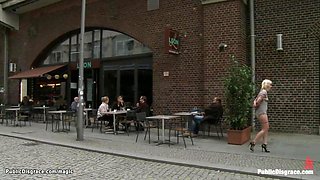 Bare ass bound blond walks in public