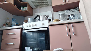 Hot Wife Prepares Naked Food in the Kitchen. Amateur Wife with Hairy Pussy, Big Tits, Big Ass.