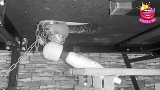 Female domination brings slave to climax in chastity cage on the stroking table