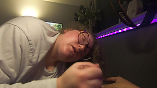 Innocent Chubby white nerd girl with glasses sucks cock and licks up the cum