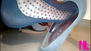 Sensual Shoeplay in Grey Patent Pumps and Blue Charmant Pantyhose