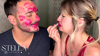 Non Stop Lipstick Kisses All Over His Face