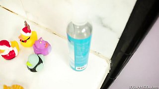 An awesome busty mademoiselle Lucky B Dallas fucks with her dildo
