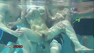 Group Sex start at the poolside where sultry Asian Suzuna Komiya Blowjob with two studs Mature