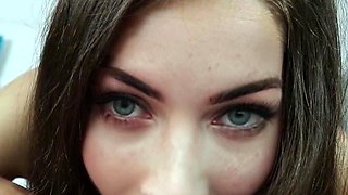 Busty brunette babe sucks a big cock from a wonderful angle