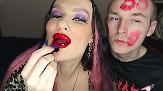 Juicy Sticky Loud Aggressive Kisses All Over a Guy's Face with Red Lipstick