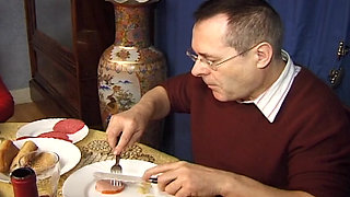 French Granny Got to Suck Cock at Dinner