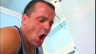 Stewardess Pisses in Public Toilet Then Fucks a Big Cock That Cums in Mouth