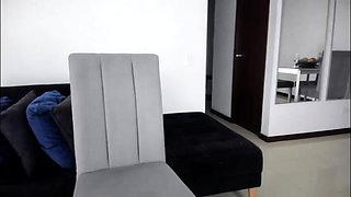 Busty curly brunette with big boobs fucks on couch