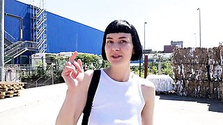 Black haired Delfine flashes her hairy pussy and plays in a store aisle
