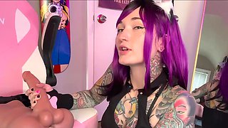 Purple haired teen jerks a rubber dick and sucks her butt plug JOI