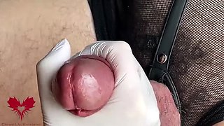 Amateur German Handjob with White Latex Gloves - Big Cock Close-Up & Squirting Sperm