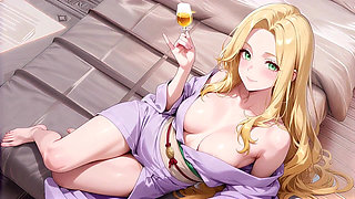Blonde Boss in a Wet Purple Robe! Languidly Switching Between the Japanese Garden and Her Private Bedroom