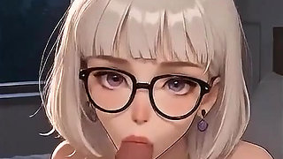 Nerdy AI girl with white hair gives an amazing titjob, close-up blowjob, missionary position, and cum in her mouth