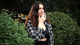 Sweet and Busty Russian Babe Smoking Cigarette in Nature