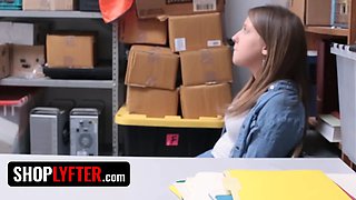 Shoplyfter - pretty small stunner Brooke Bliss leans over the officer's desk and spreads her legs